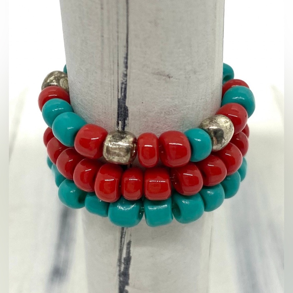 Red Blue Beaded Rings Boho Fall Festival Southwestern Coastal Cowgirl Country